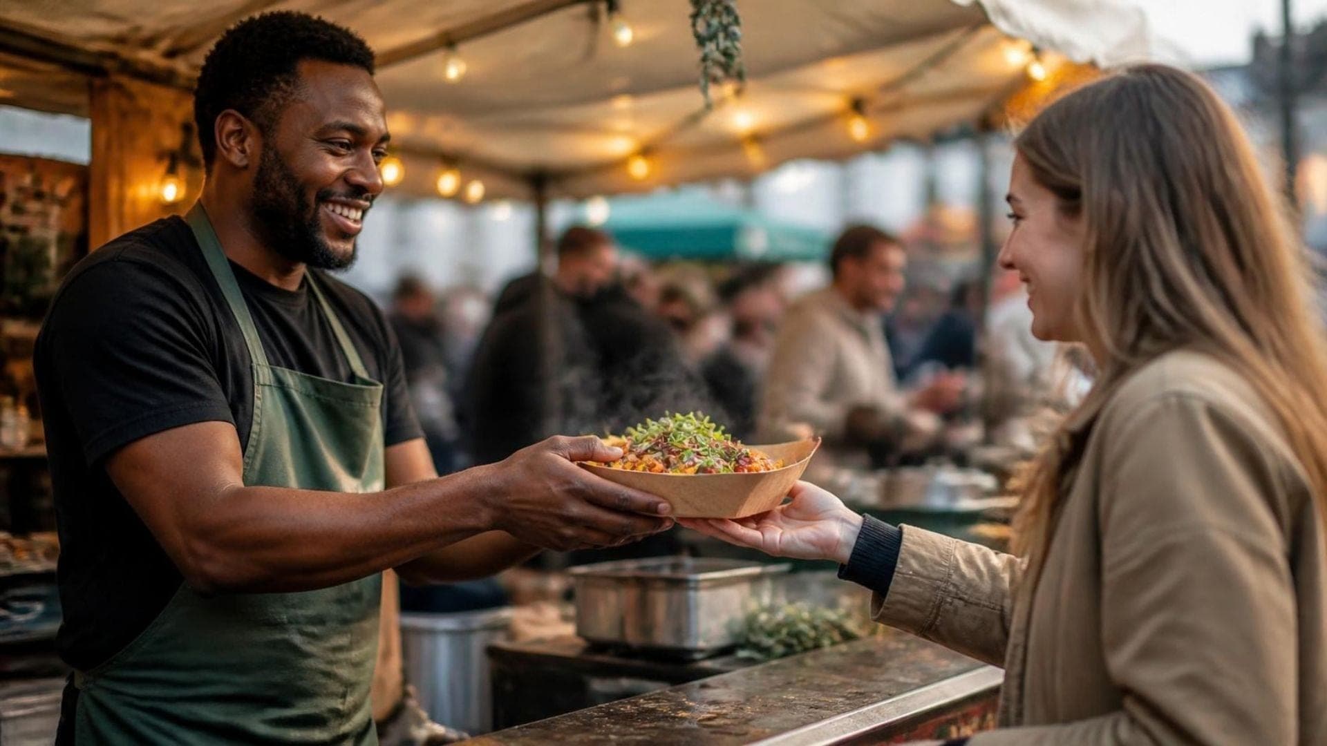 Market vendor handing freshly made food to a customer