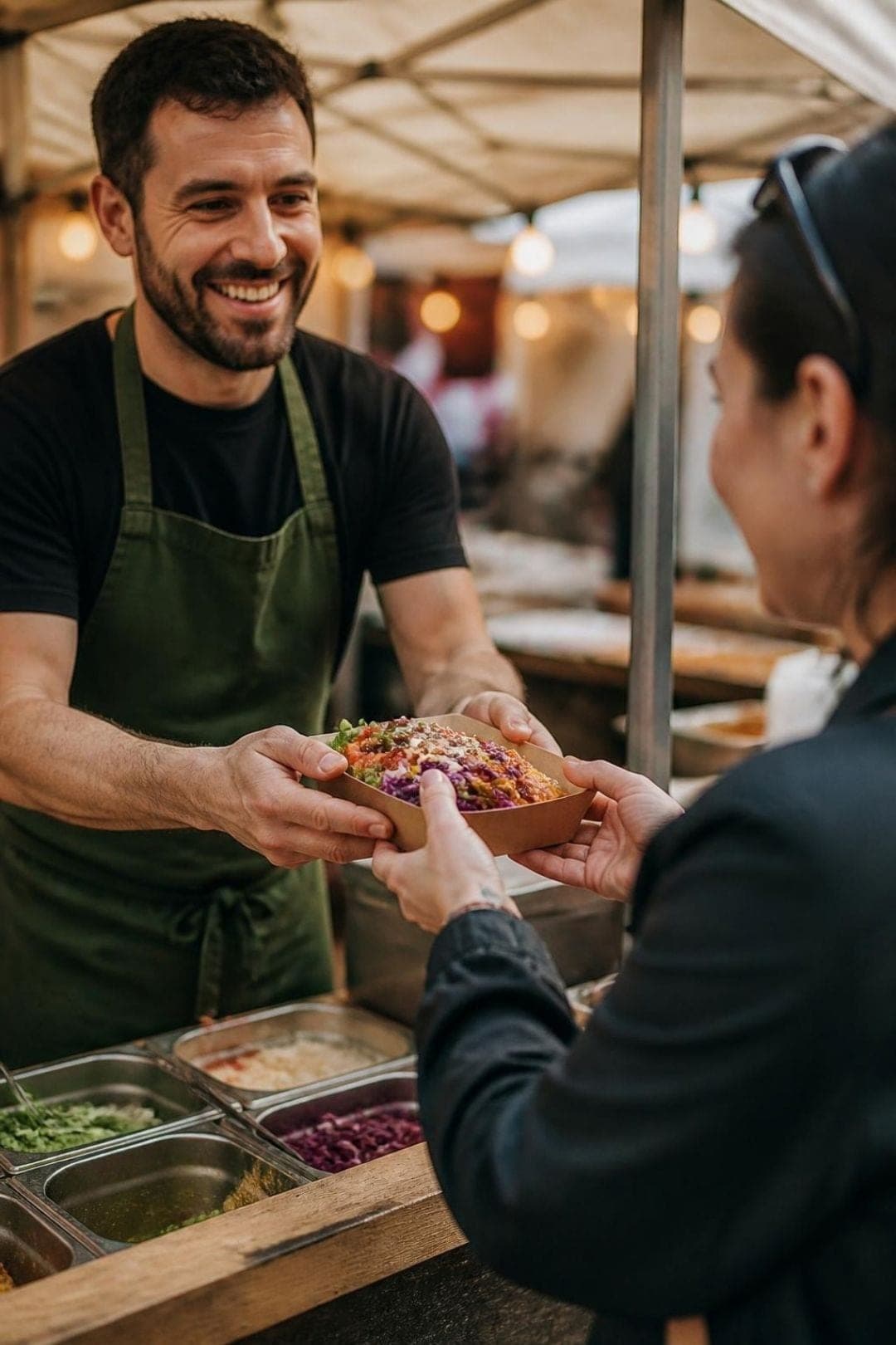 Market vendor handing freshly made food to a customer