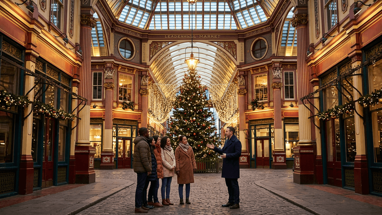 Leadenhall Market decorated for Christmas, with a small group and a local host