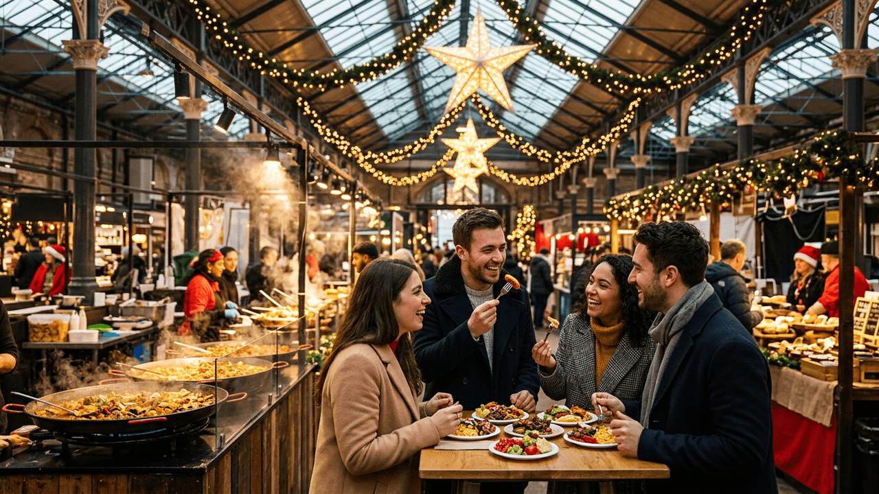 Friends sharing street food under festive lights in an East London market hall