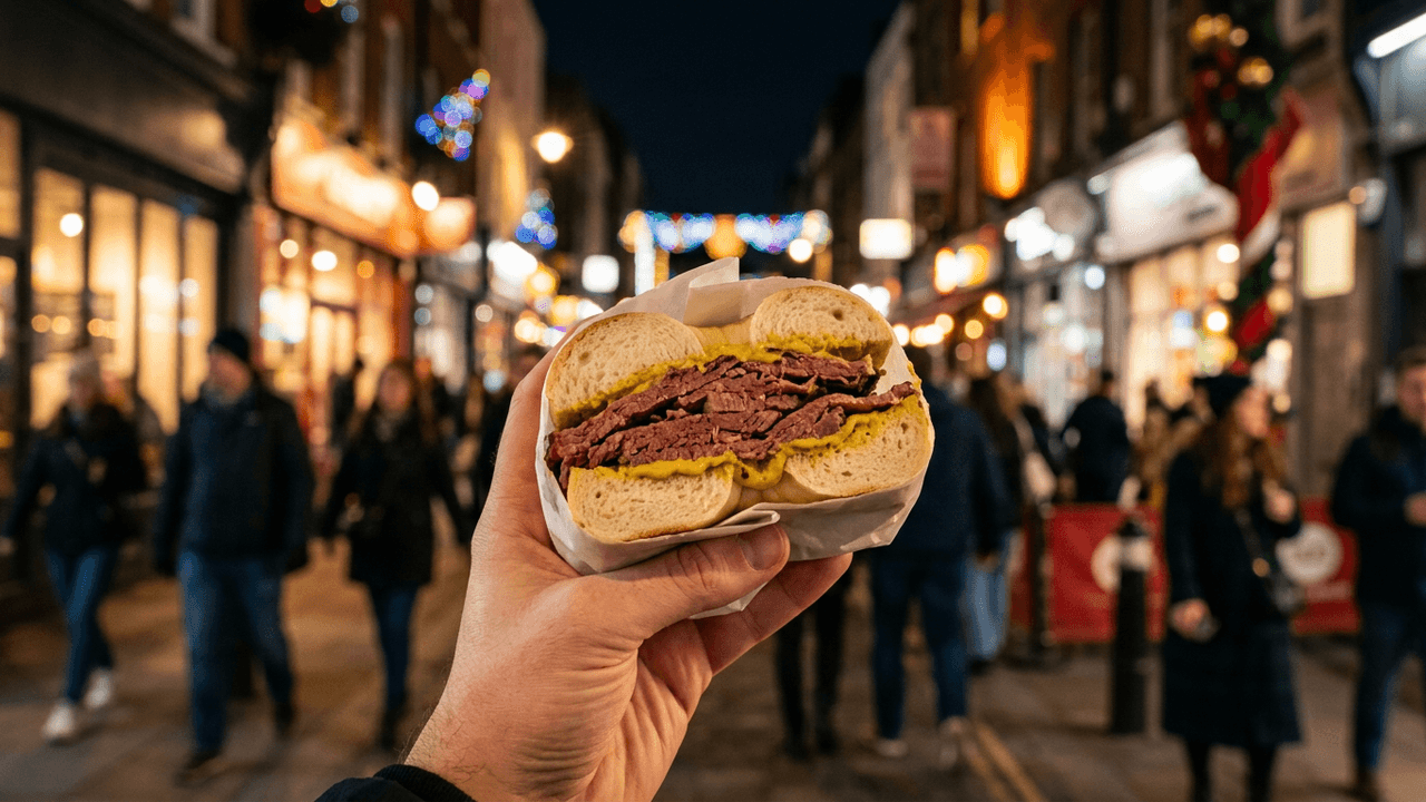 A salt beef beigel held up on a Brick Lane street at night