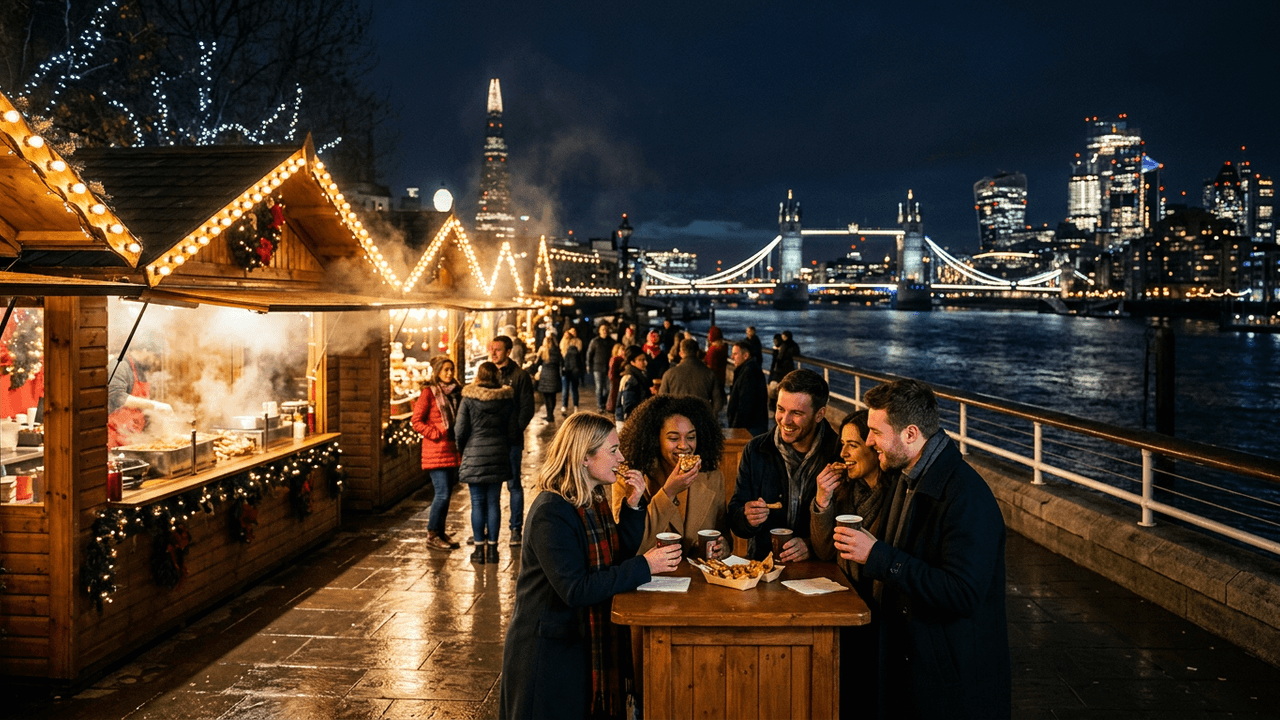 Street food stalls by the River Thames lit up at Christmas with mulled wine on offer