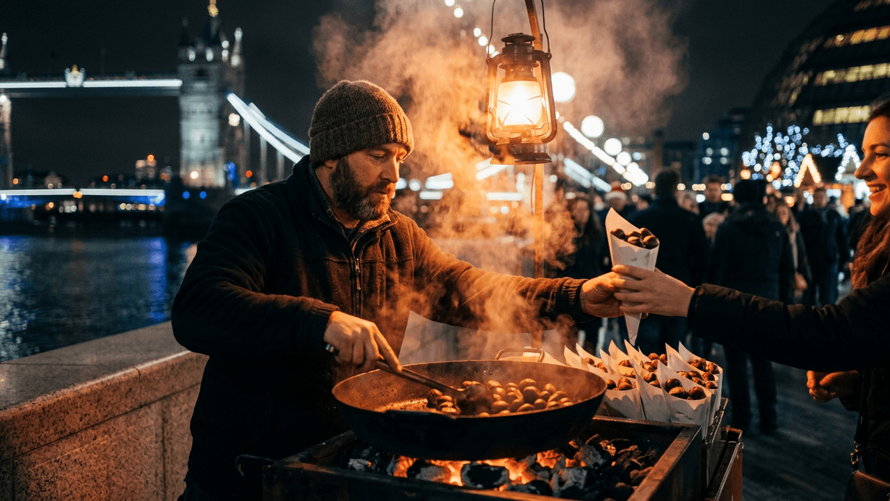 Roasted chestnuts served in paper cones on the Thames riverside