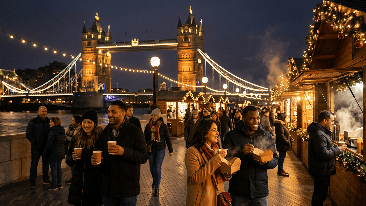 Visitors with hot drinks and street food at a Christmas market near Tower Bridge