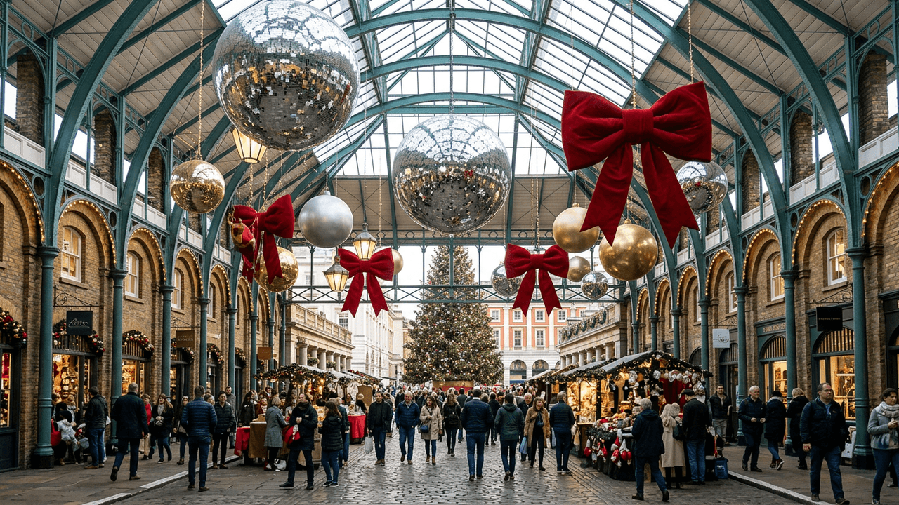 Giant red bows and mirror balls in a London market hall at Christmas