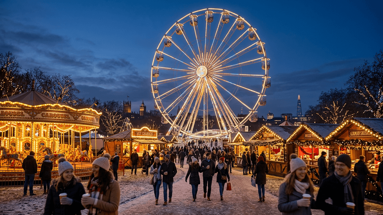 A festive winter fair with a Ferris wheel and carousel in a London park at dusk