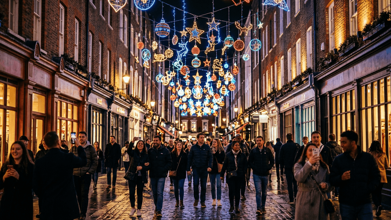 Colourful Christmas light installation over a busy West End street at night