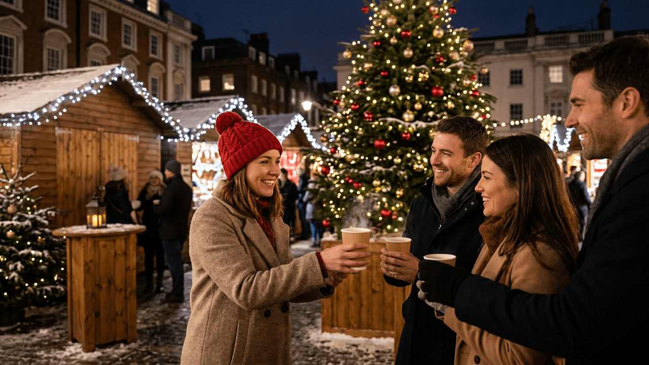 A host handing out hot drinks at a Christmas market in a London square