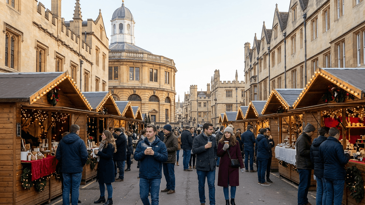Christmas market stalls on a historic Oxford street lined with college buildings