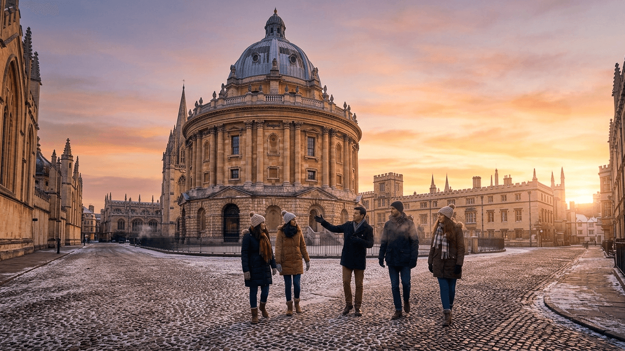 A small group with a guide in front of Oxford's domed library at a winter sunset