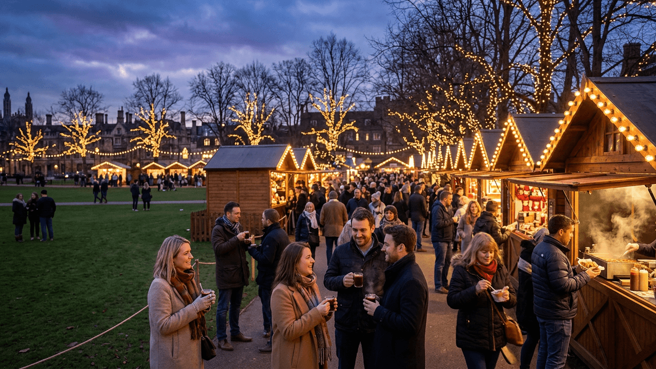 Christmas market chalets on a Cambridge green at dusk