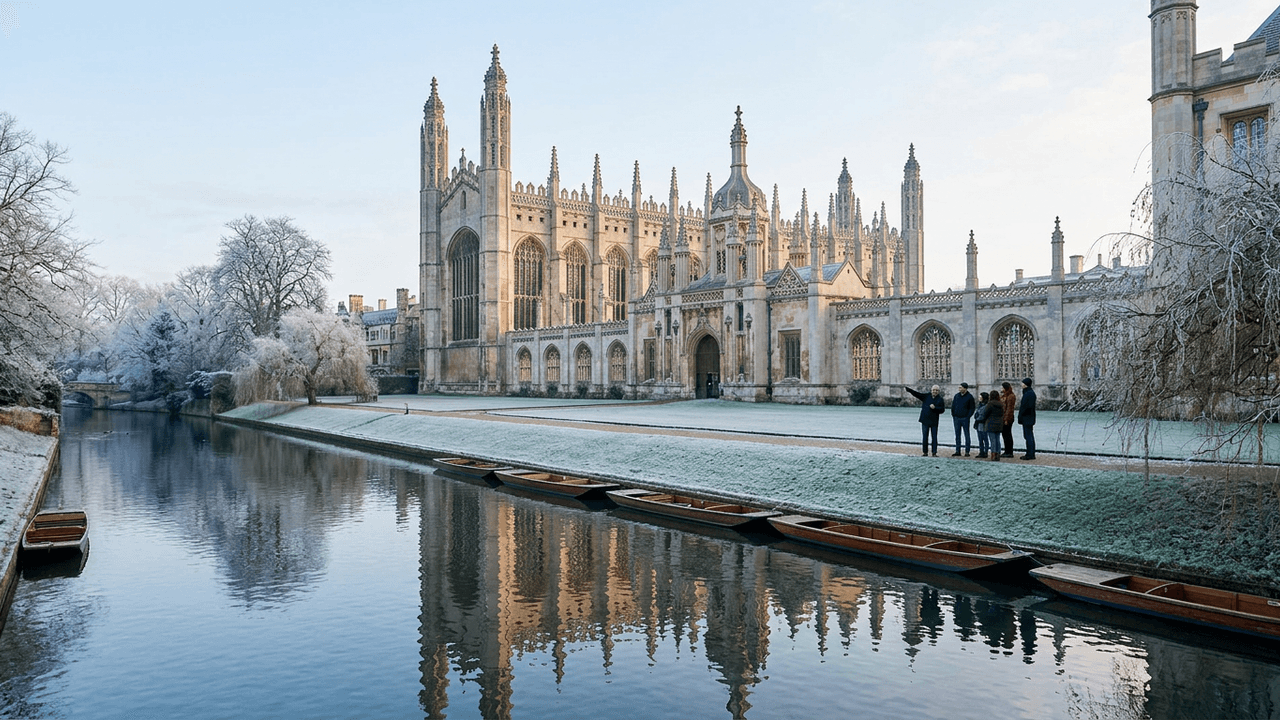 A small group with a guide by a Cambridge college chapel and the river on a frosty morning