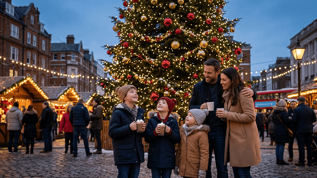Children with hot chocolate looking up at a giant Christmas tree in London