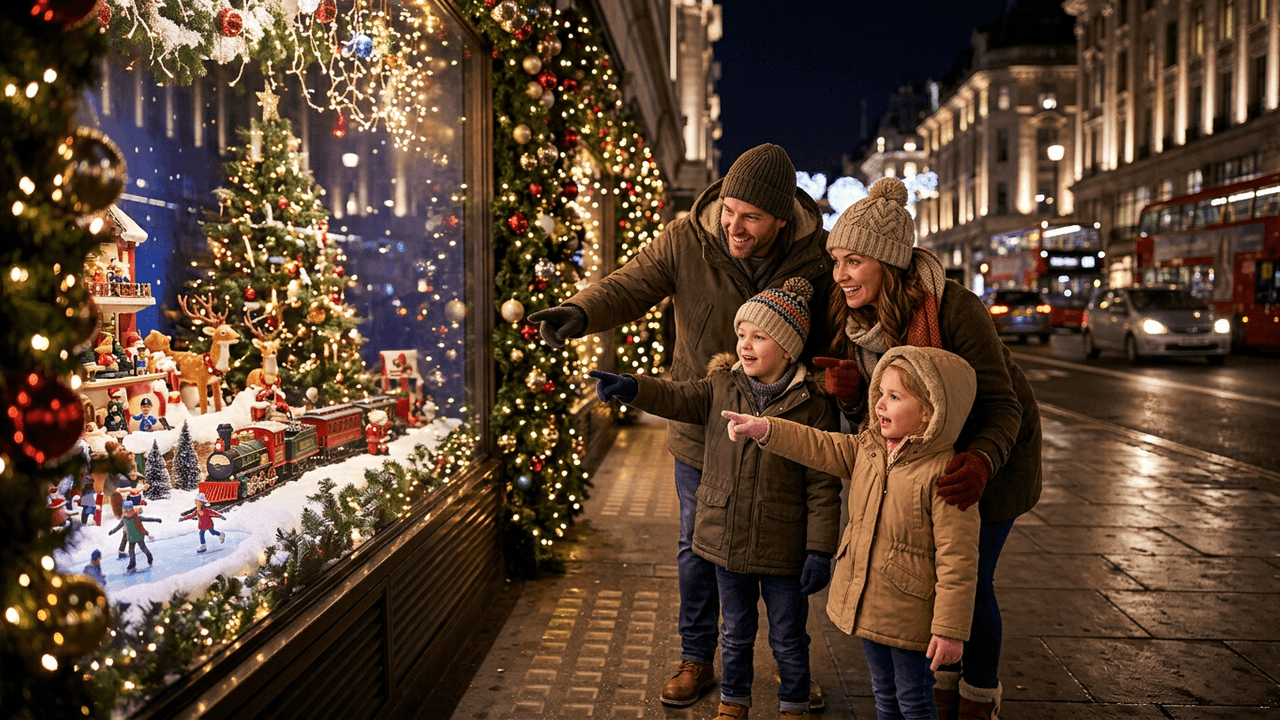 A family pointing at a Christmas shop window display in London