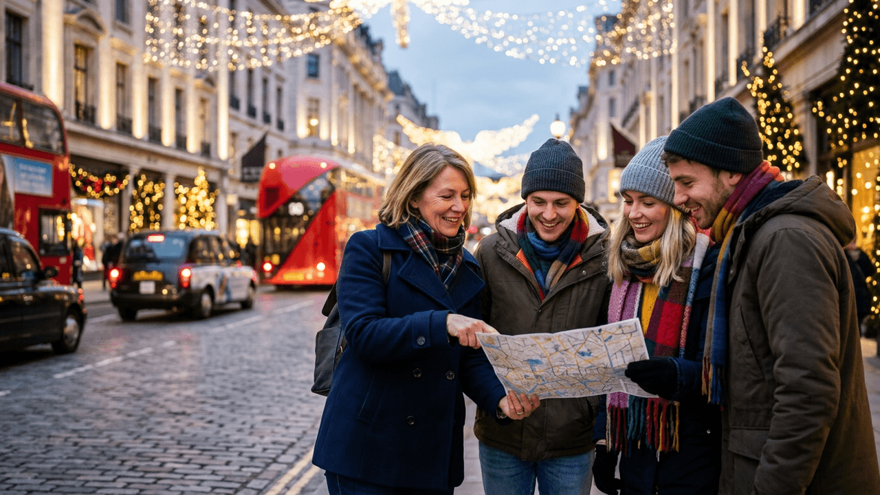 A local host planning a route with a small private group under London's Christmas lights
