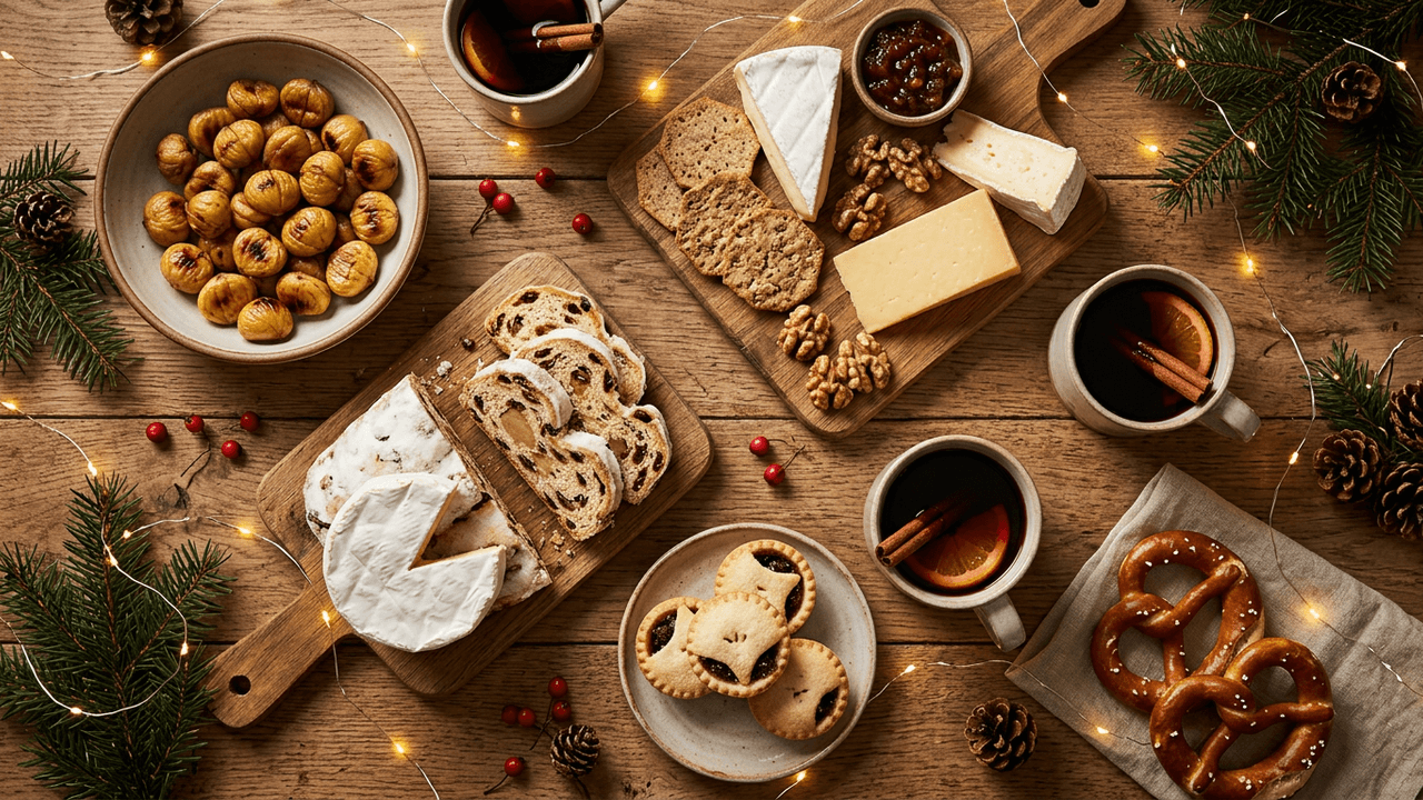 A table of festive market food: chestnuts, cheese, stollen, mince pies and mulled wine