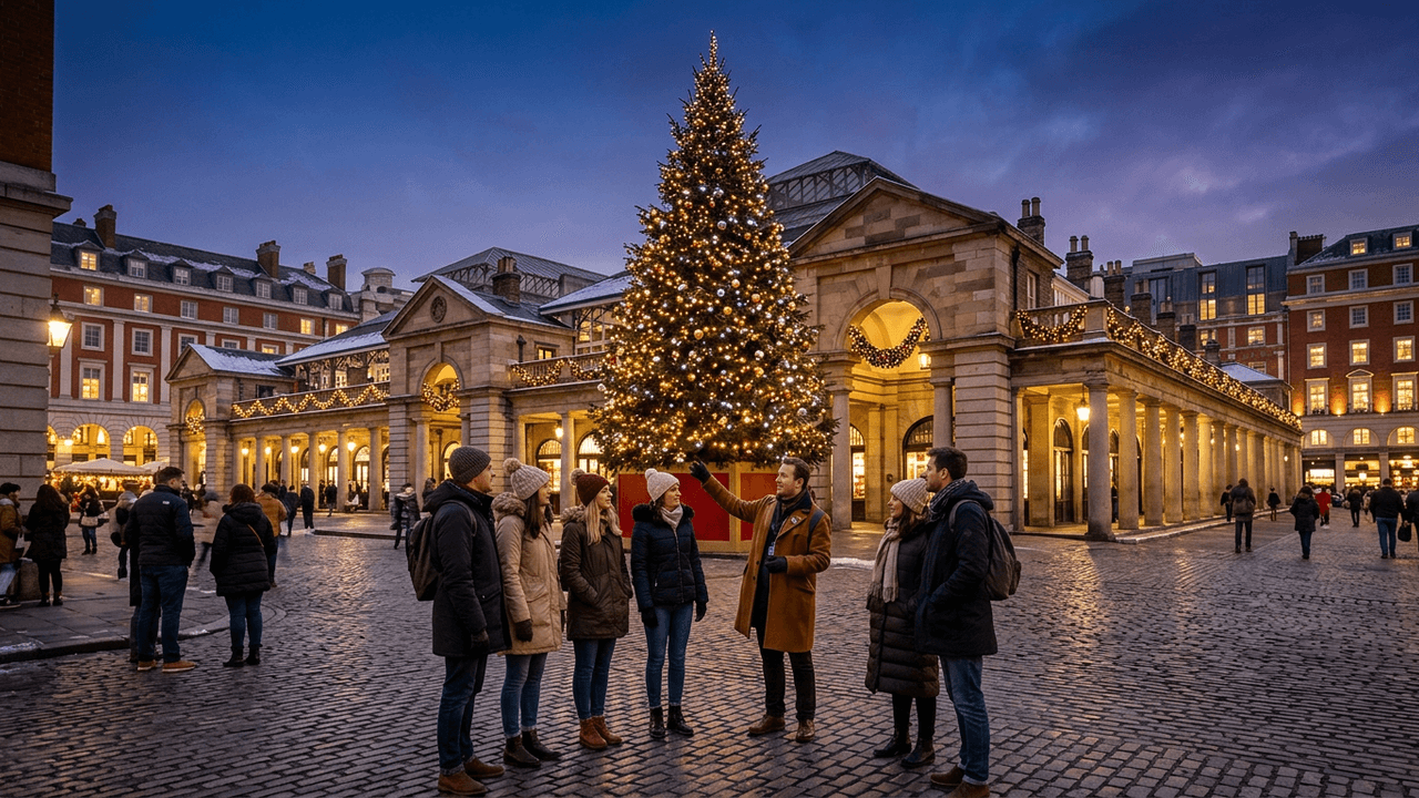 A small group with a local host by the giant Christmas tree in a London piazza at dusk