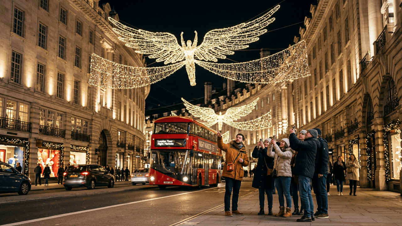 A small group photographing the angel Christmas lights over a London street at night