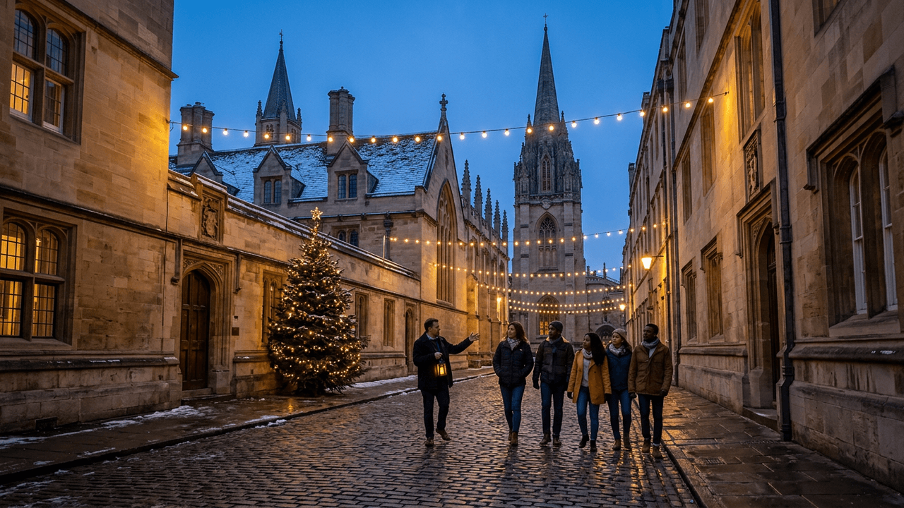 A host leading a small group along an Oxford street with Christmas lights and spires at dusk