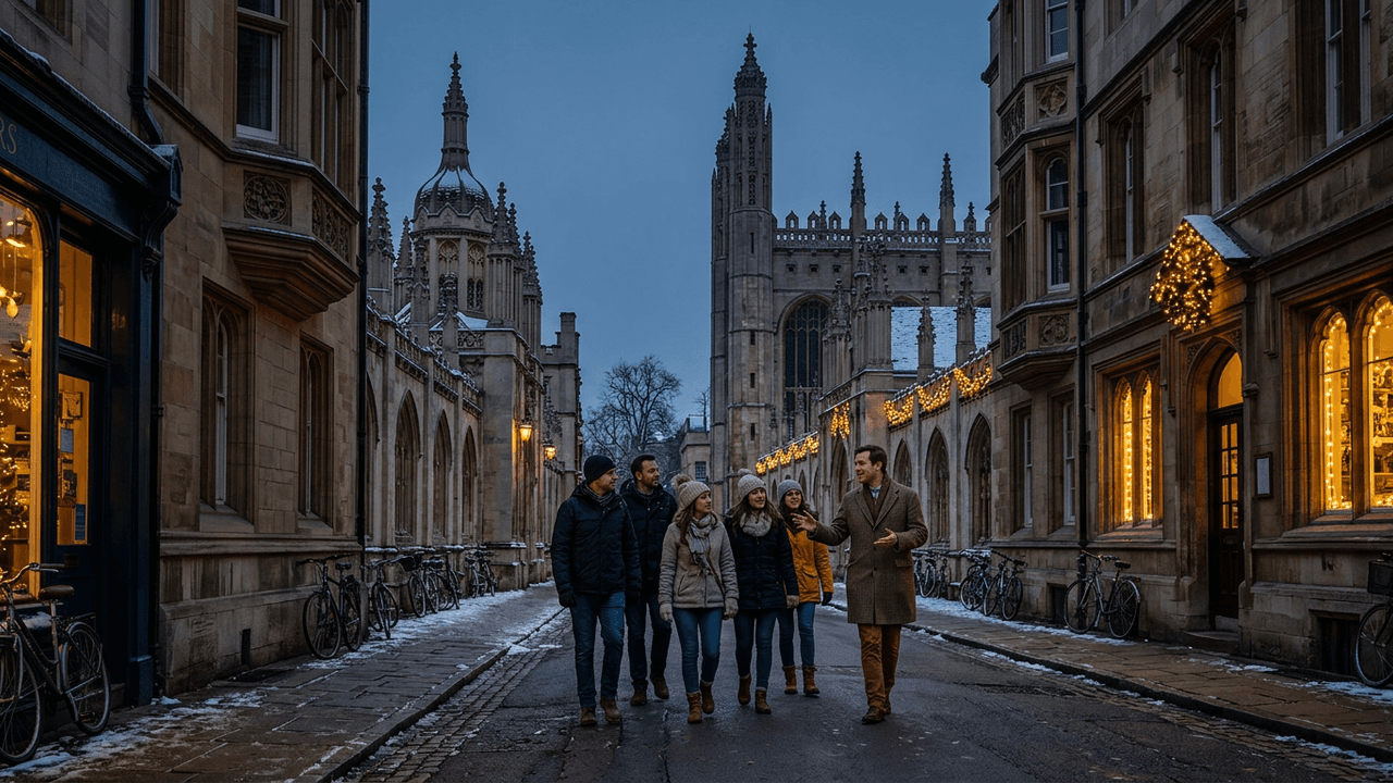A host walking a small group past Cambridge colleges decorated for Christmas