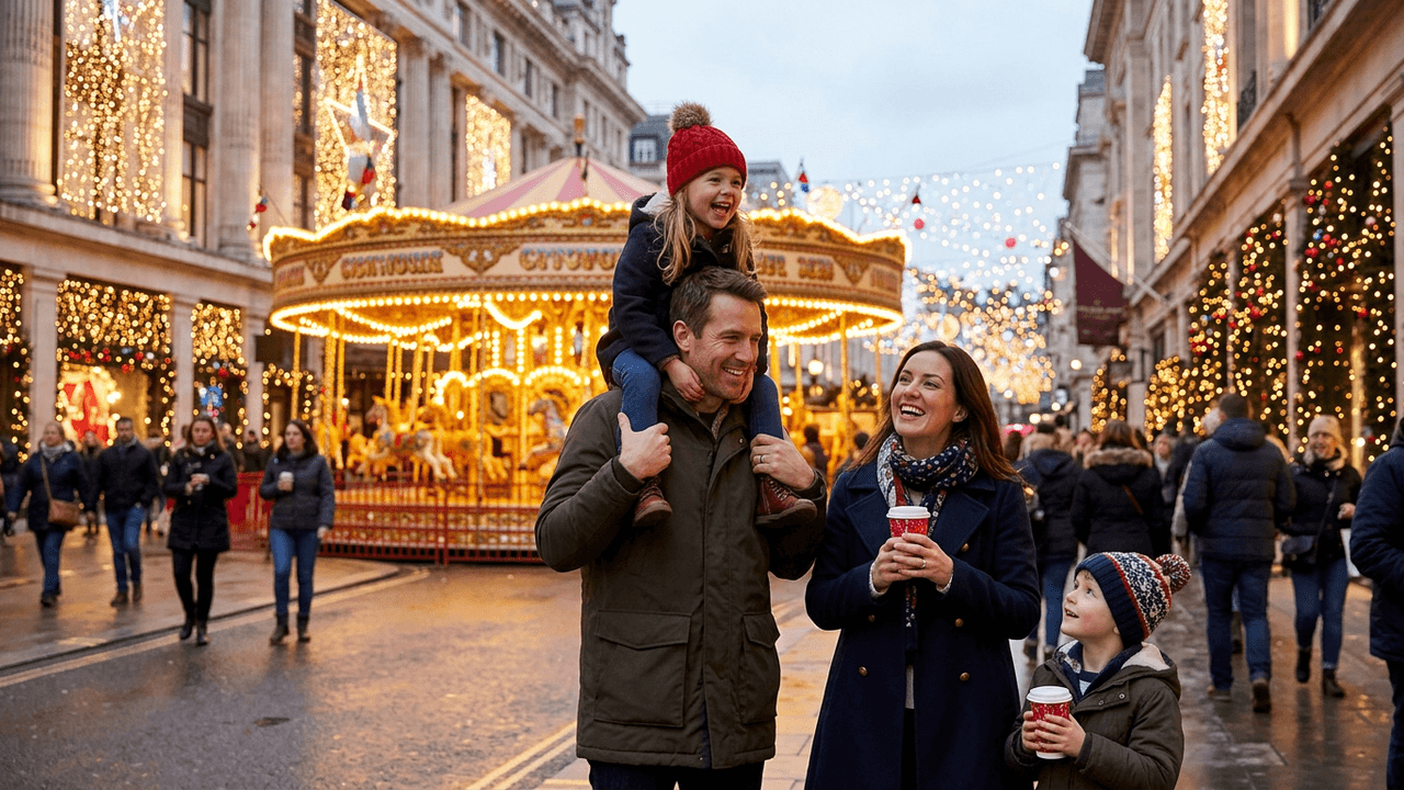 A family with hot chocolate by a lit-up carousel on a festive London street