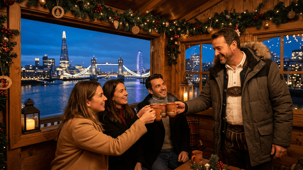 Friends toasting mulled wine with their host in a festive chalet overlooking the Thames