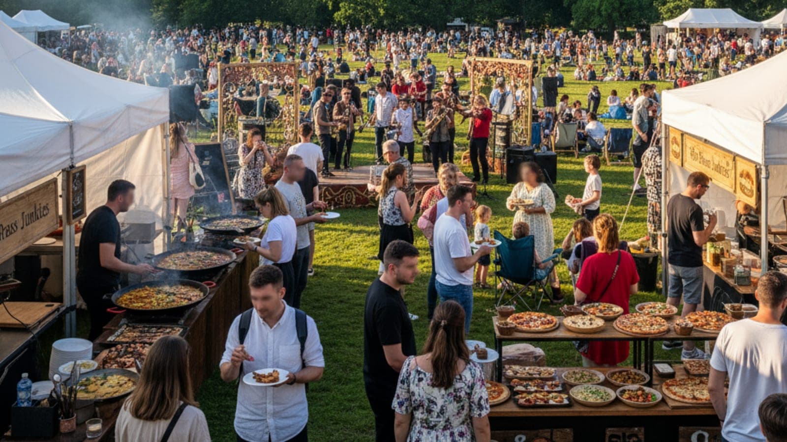 A vibrant scene from the Feast On Festival in Bristol, featuring food stalls and live music.