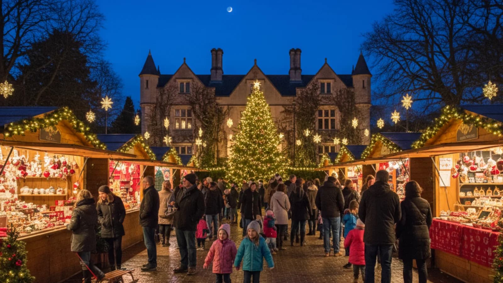Festive stalls at Chigwell Christmas Market inside Chigwell Hall
