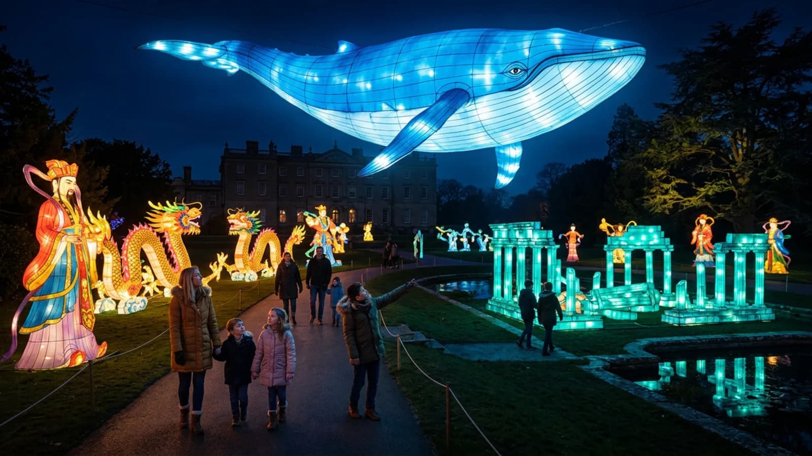 Longleat's 2026 'Legendary Worlds' theme features a life-sized blue whale lantern.