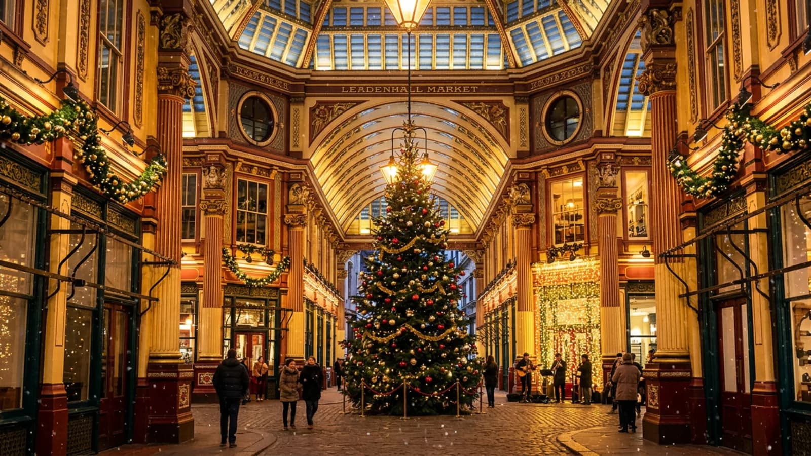 Leadenhall Market lit up for Christmas, with its 26ft tree.