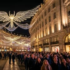 Angel-shaped Christmas lights above a traffic-free Regent Street