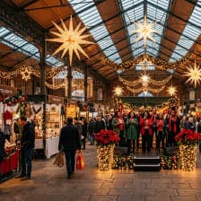 Christmas lights and food stalls under the roof of Old Spitalfields Market