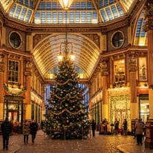 Leadenhall Market decorated with a Christmas tree and festive lights
