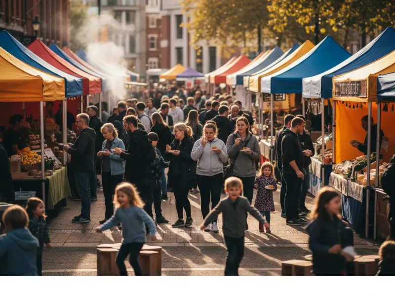 New Street Eats food festival in Birmingham with vibrant stalls and happy visitors.