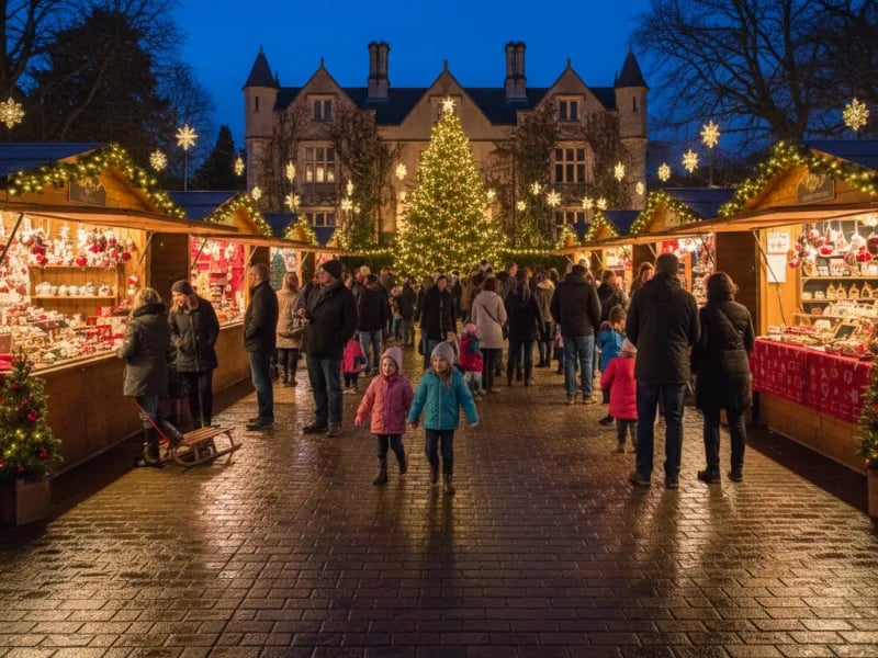 Festive stalls at Chigwell Christmas Market inside Chigwell Hall