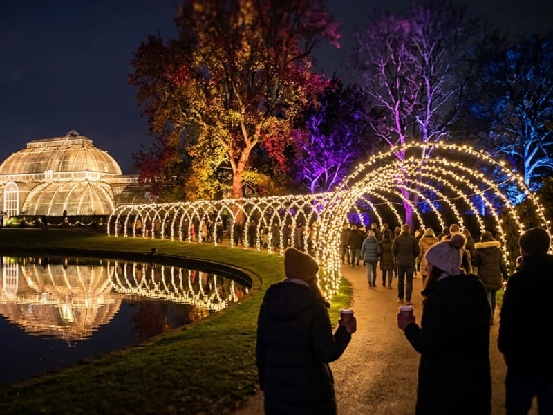 Christmas light trail glowing through Kew Gardens at night