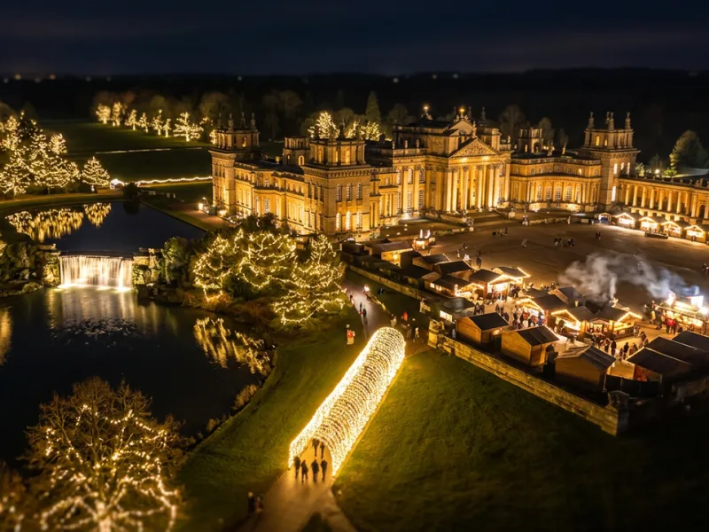 Blenheim Palace illuminated trail with lights reflecting on water
