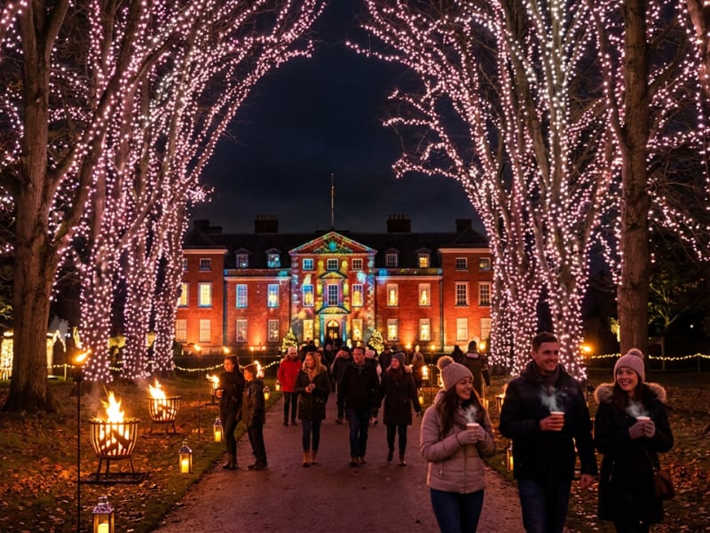 Glowing trees on the Christmas light trail at Dunham Massey
