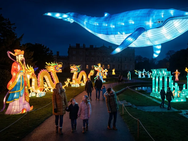 Giant illuminated lanterns of a blue whale and dragons at Longleat