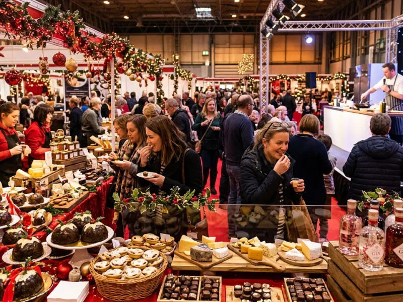 Festive food producer stalls and shoppers at a Christmas food show