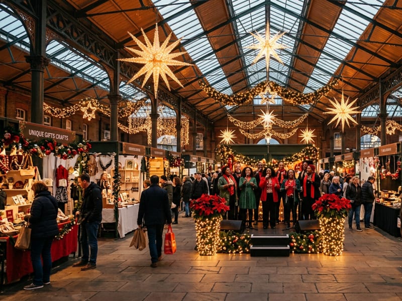 Christmas lights and food stalls under the roof of Old Spitalfields Market